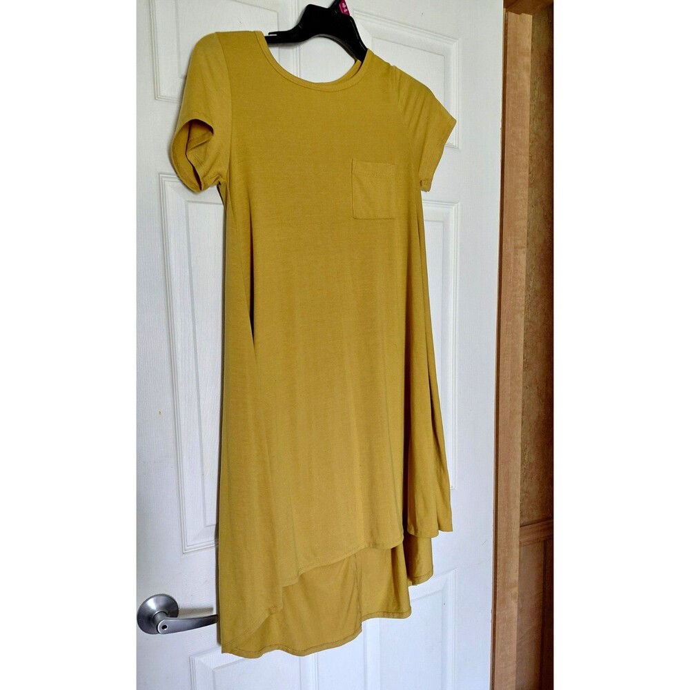LuLaRoe Solid Yellow Short Sleeve Crew Neck Pocket T-Shirt Dress XS